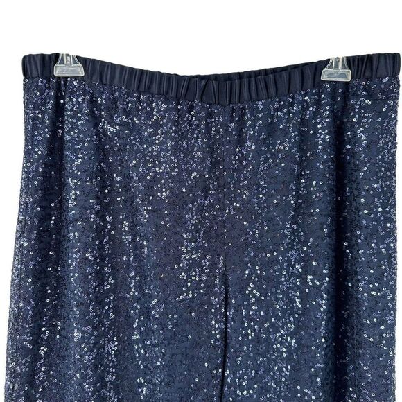 Tahari Luxe Sequin Pants Navy Blue Womens Size 14 Elastic Waist Wide Leg Formal - Picture 2 of 11